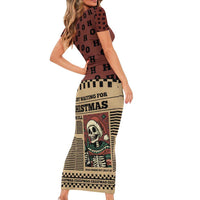 Skull Christmas Short Sleeve Bodycon Dress Newspaper Retro Style - Wonder Print Shop