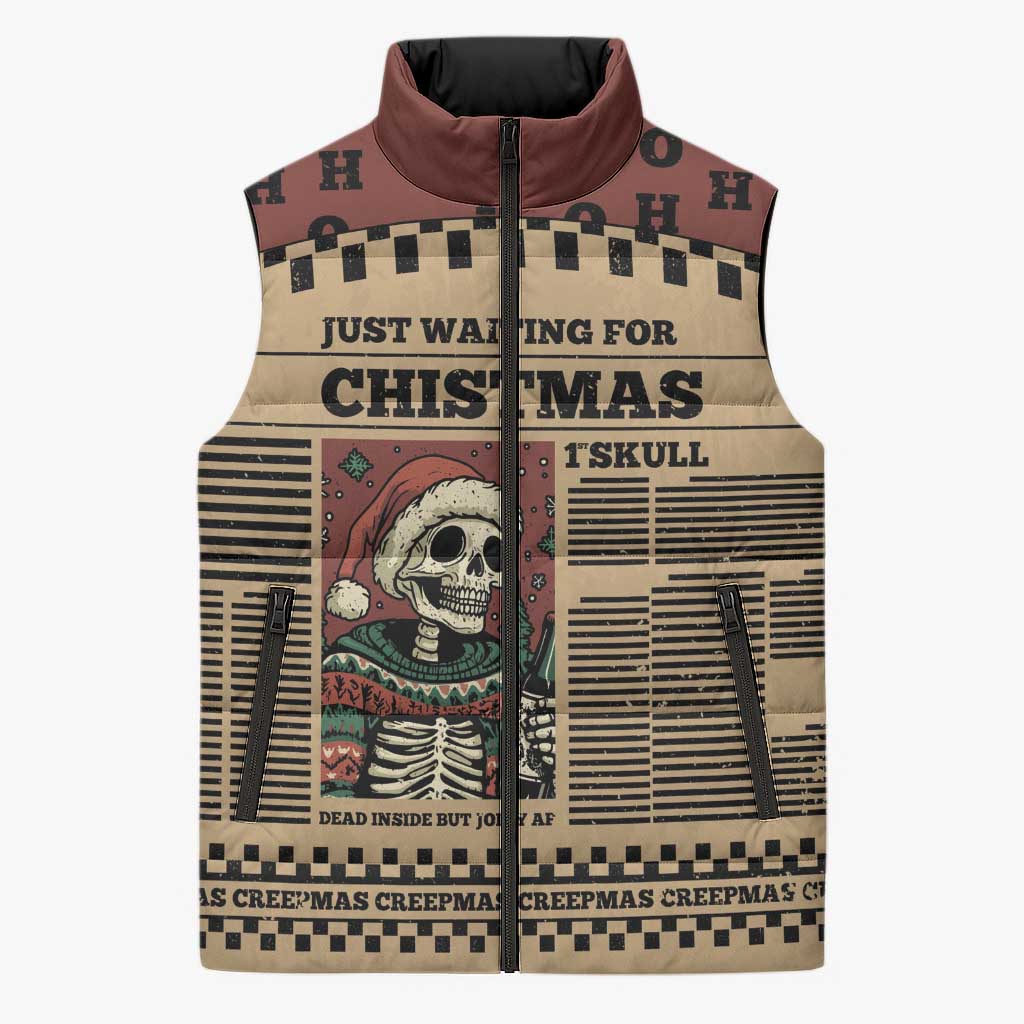 Skull Christmas Sleeveless Puffer Jacket Newspaper Retro Style - Wonder Print Shop