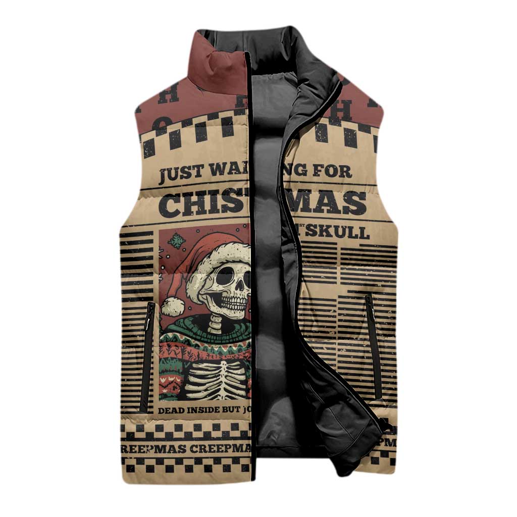 Skull Christmas Sleeveless Puffer Jacket Newspaper Retro Style - Wonder Print Shop