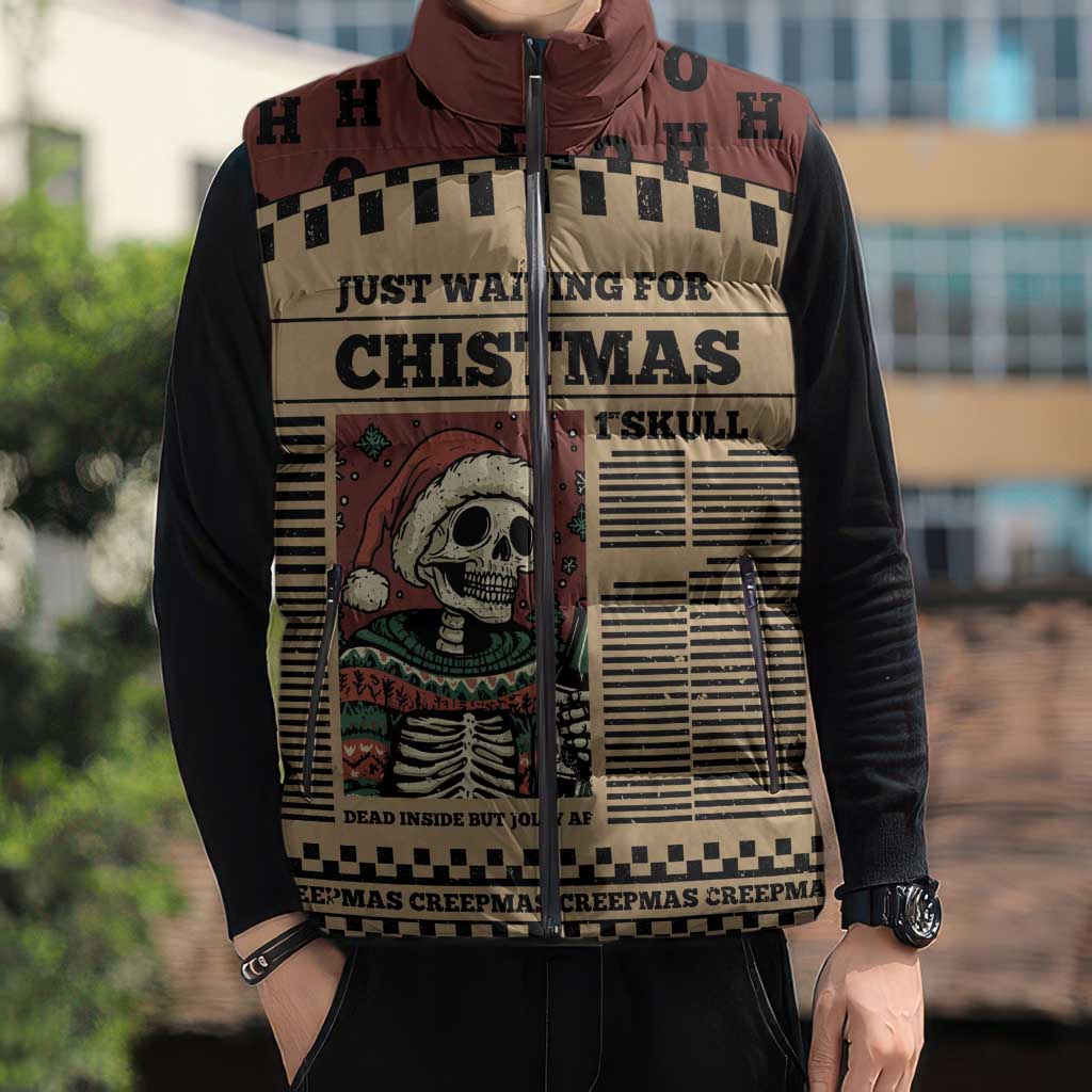 Skull Christmas Sleeveless Puffer Jacket Newspaper Retro Style - Wonder Print Shop