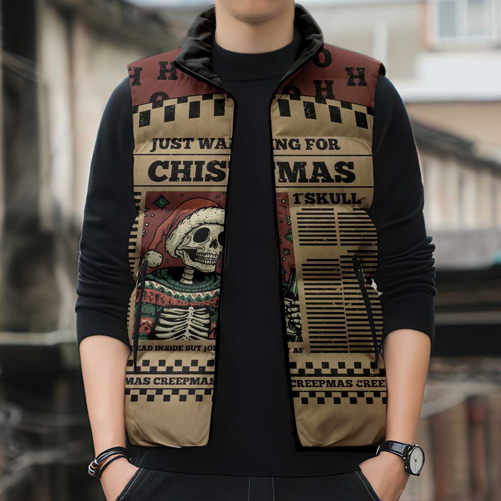 Skull Christmas Sleeveless Puffer Jacket Newspaper Retro Style - Wonder Print Shop