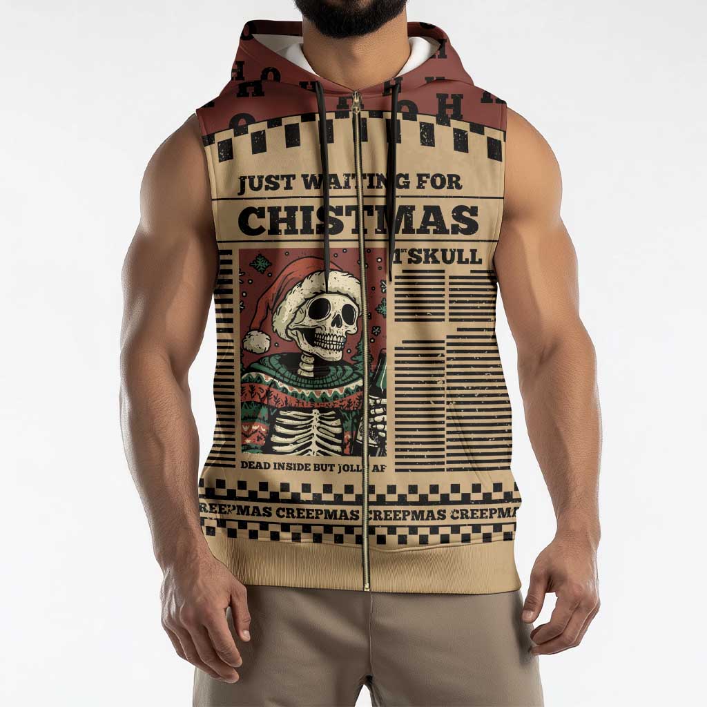 Skull Christmas Sleeveless Zip Hoodie Newspaper Retro Style - Wonder Print Shop