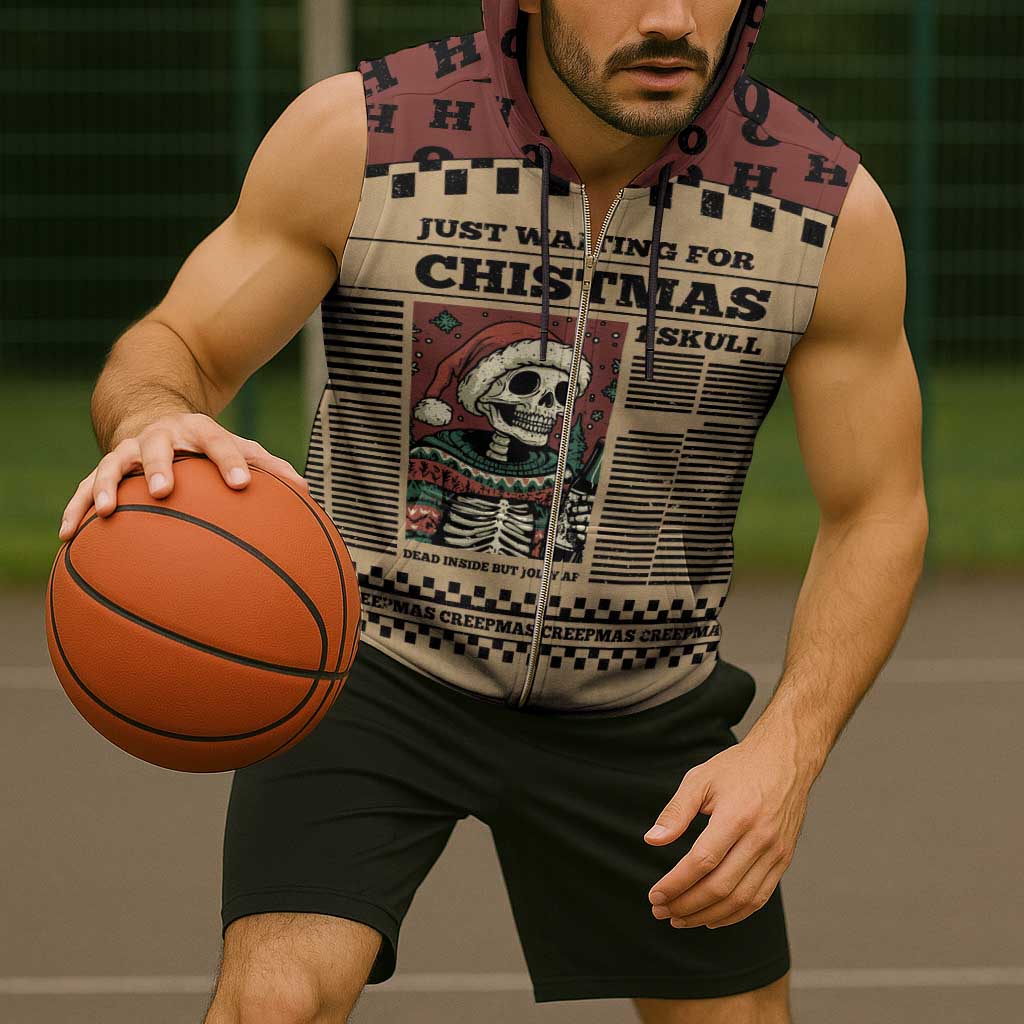 Skull Christmas Sleeveless Zip Hoodie Newspaper Retro Style - Wonder Print Shop