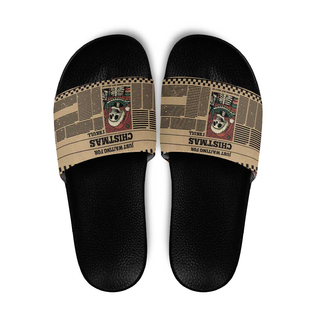 Skull Christmas Slide Sandals Newspaper Retro Style - Wonder Print Shop