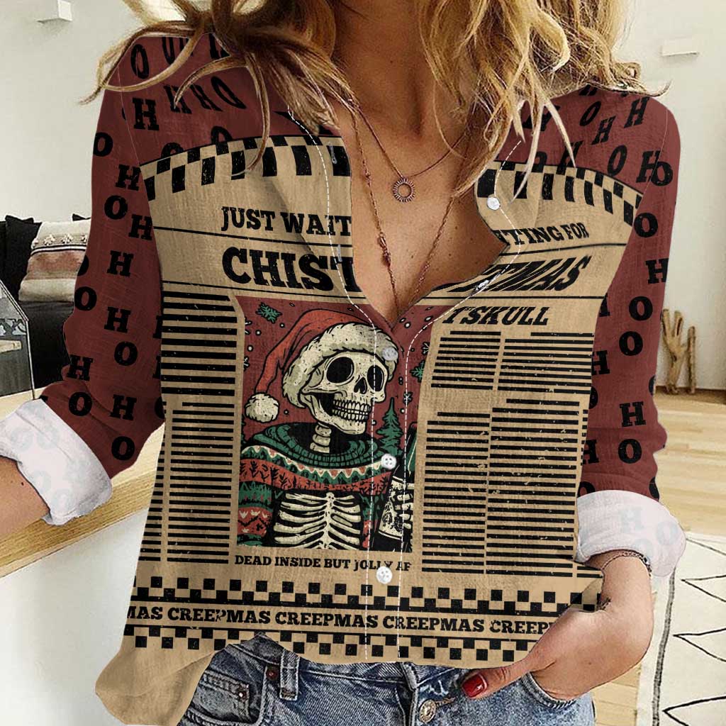 Skull Christmas Women Casual Shirt Newspaper Retro Style - Wonder Print Shop