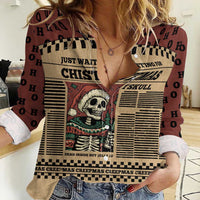Skull Christmas Women Casual Shirt Newspaper Retro Style - Wonder Print Shop