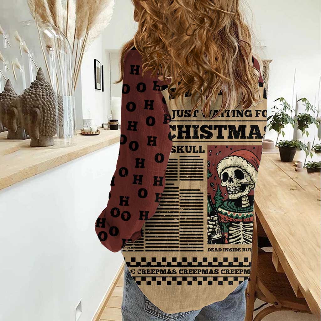Skull Christmas Women Casual Shirt Newspaper Retro Style - Wonder Print Shop