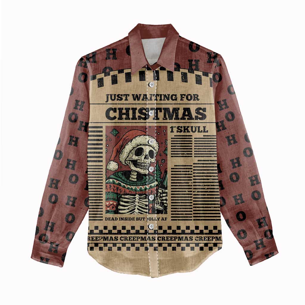 Skull Christmas Women Casual Shirt Newspaper Retro Style - Wonder Print Shop