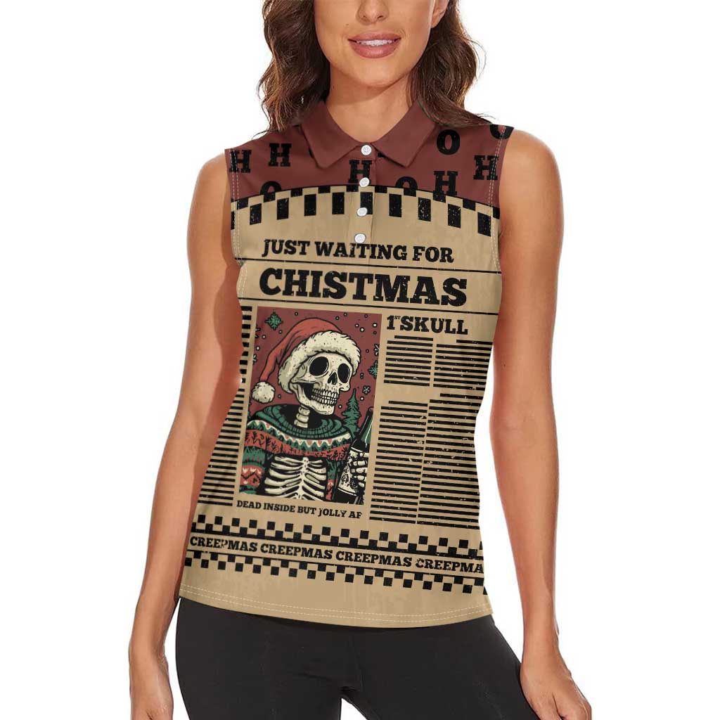 Skull Christmas Women Sleeveless Polo Shirt Newspaper Retro Style - Wonder Print Shop