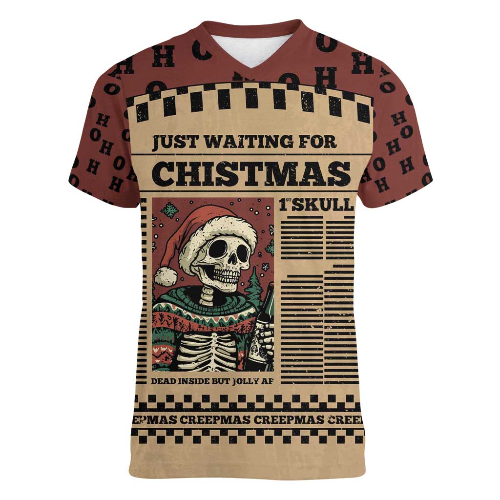 Skull Christmas Women V-Neck T-Shirt Newspaper Retro Style - Wonder Print Shop