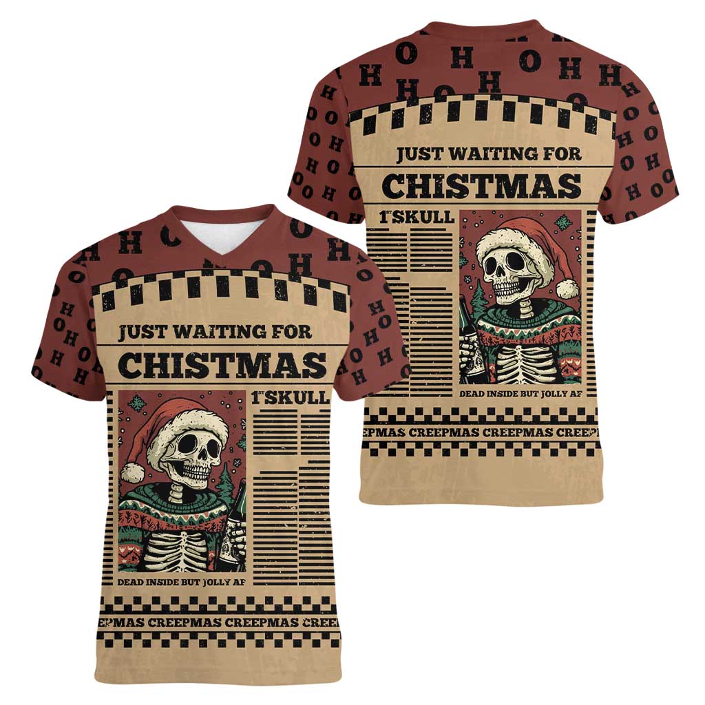 Skull Christmas Women V-Neck T-Shirt Newspaper Retro Style - Wonder Print Shop