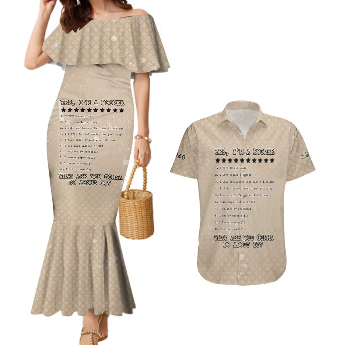 Baby Boomers Couples Matching Mermaid Dress and Hawaiian Shirt The Badass Generation Retro Style - Wonder Print Shop
