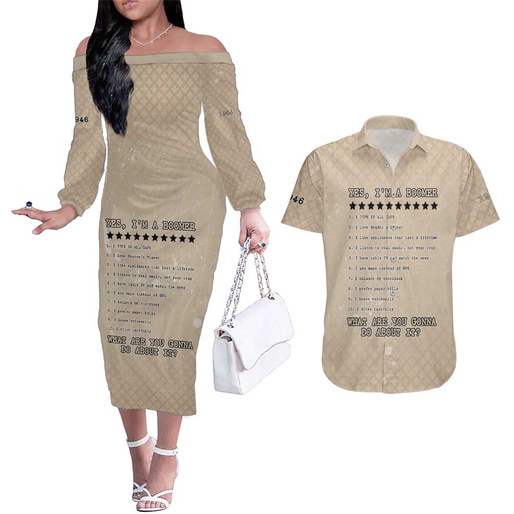 Baby Boomers Couples Matching Off The Shoulder Long Sleeve Dress and Hawaiian Shirt The Badass Generation Retro Style - Wonder Print Shop