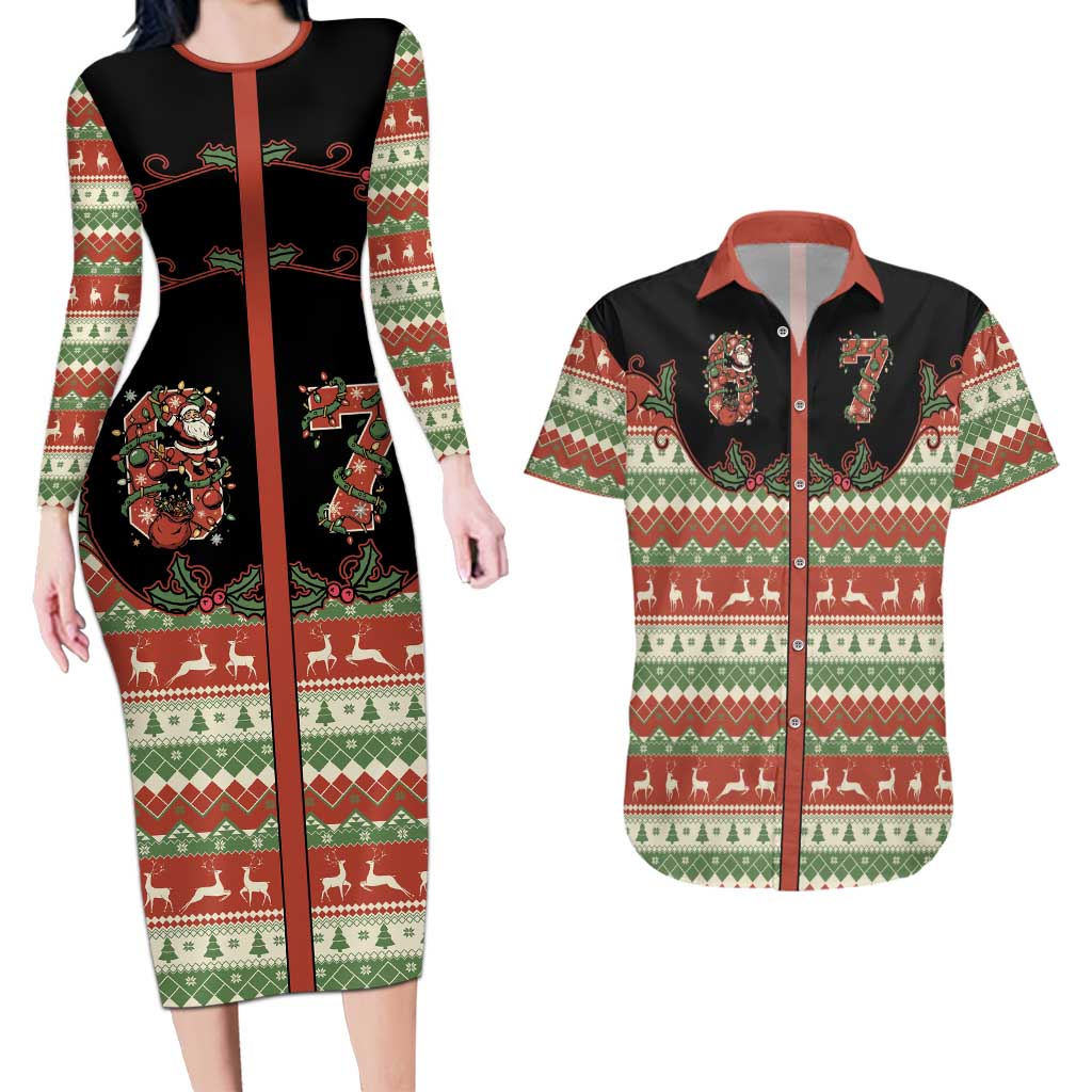 Western Yoke Couples Matching Long Sleeve Bodycon Dress and Hawaiian Shirt Funny Six Seven Christmas - Wonder Print Shop