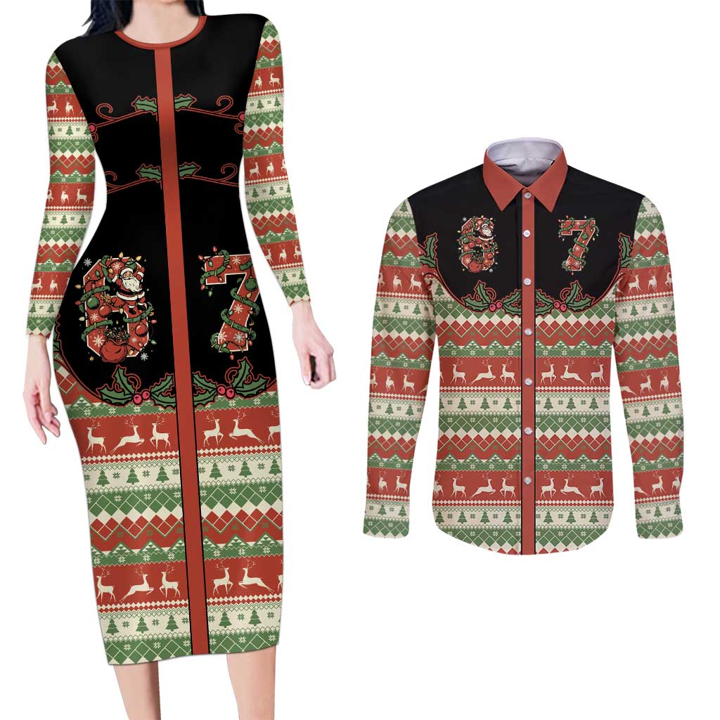 Western Yoke Couples Matching Long Sleeve Bodycon Dress and Long Sleeve Button Shirt Funny Six Seven Christmas - Wonder Print Shop
