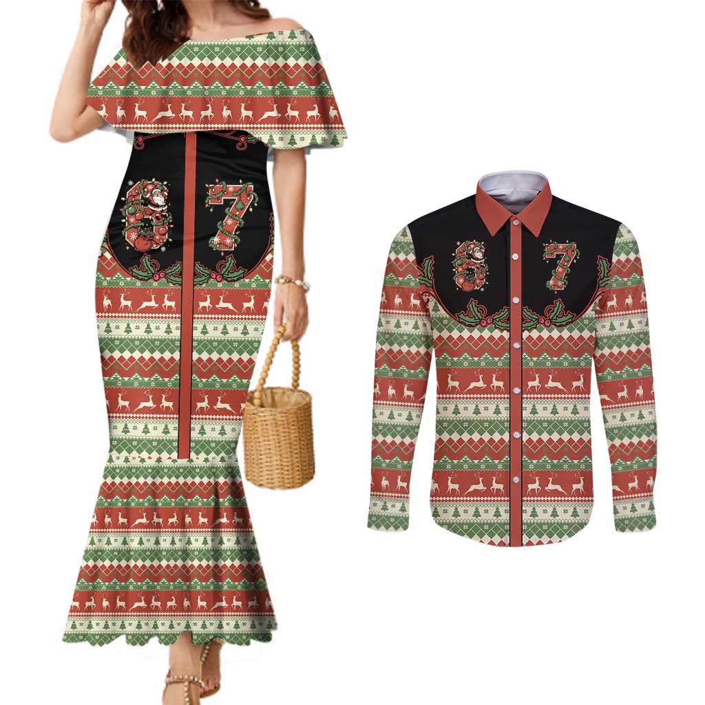 Western Yoke Couples Matching Mermaid Dress and Long Sleeve Button Shirt Funny Six Seven Christmas - Wonder Print Shop