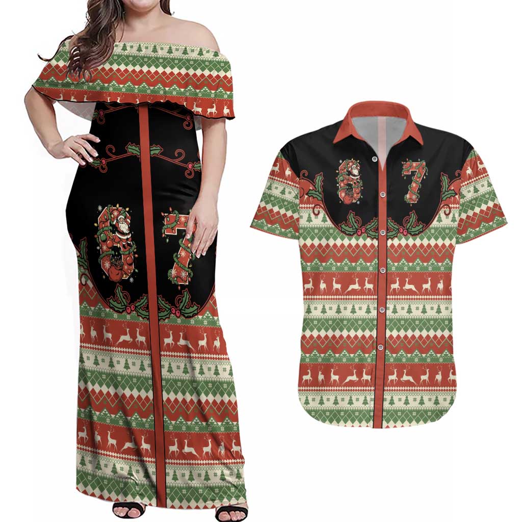 Western Yoke Couples Matching Off Shoulder Maxi Dress and Hawaiian Shirt Funny Six Seven Christmas - Wonder Print Shop