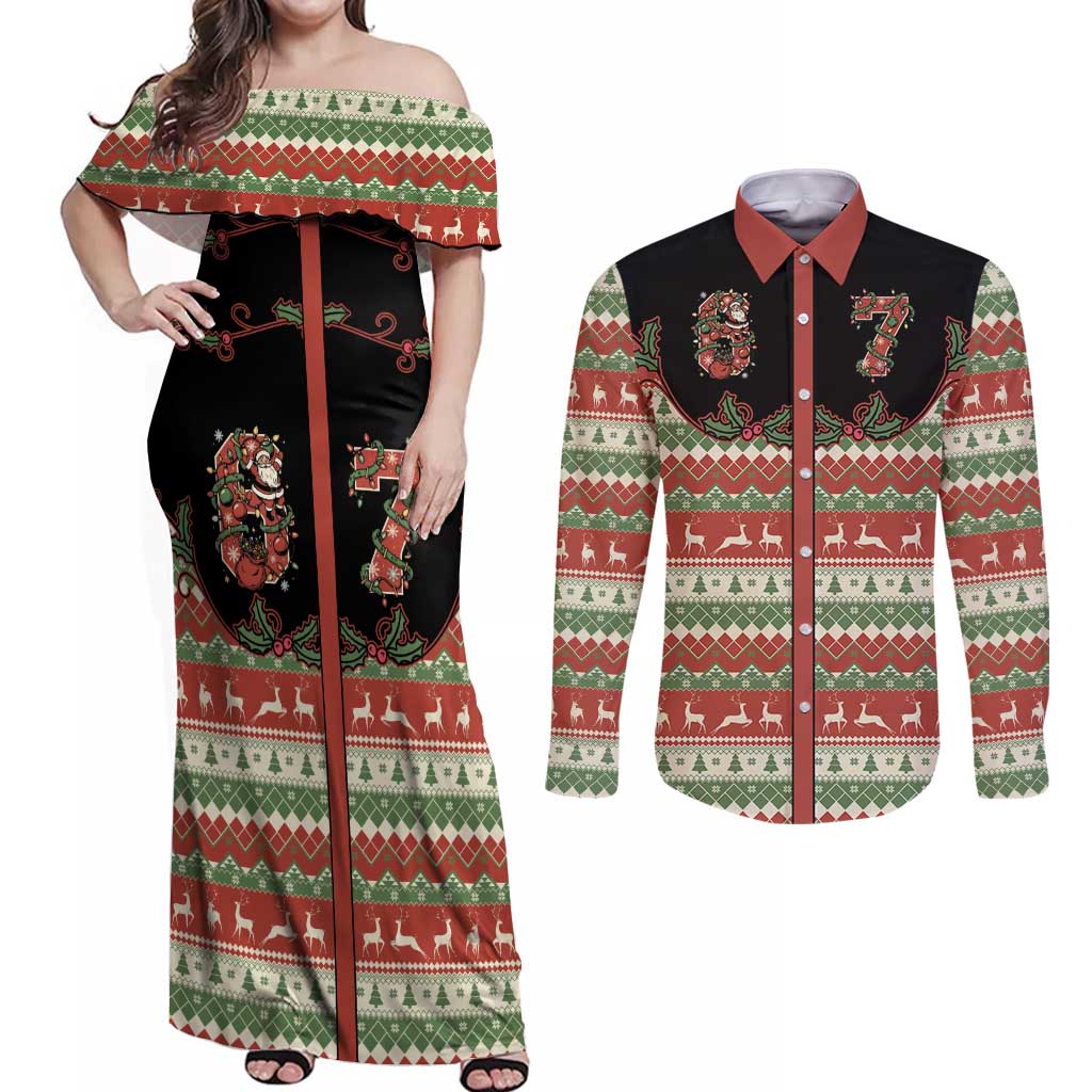 Western Yoke Couples Matching Off Shoulder Maxi Dress and Long Sleeve Button Shirt Funny Six Seven Christmas - Wonder Print Shop