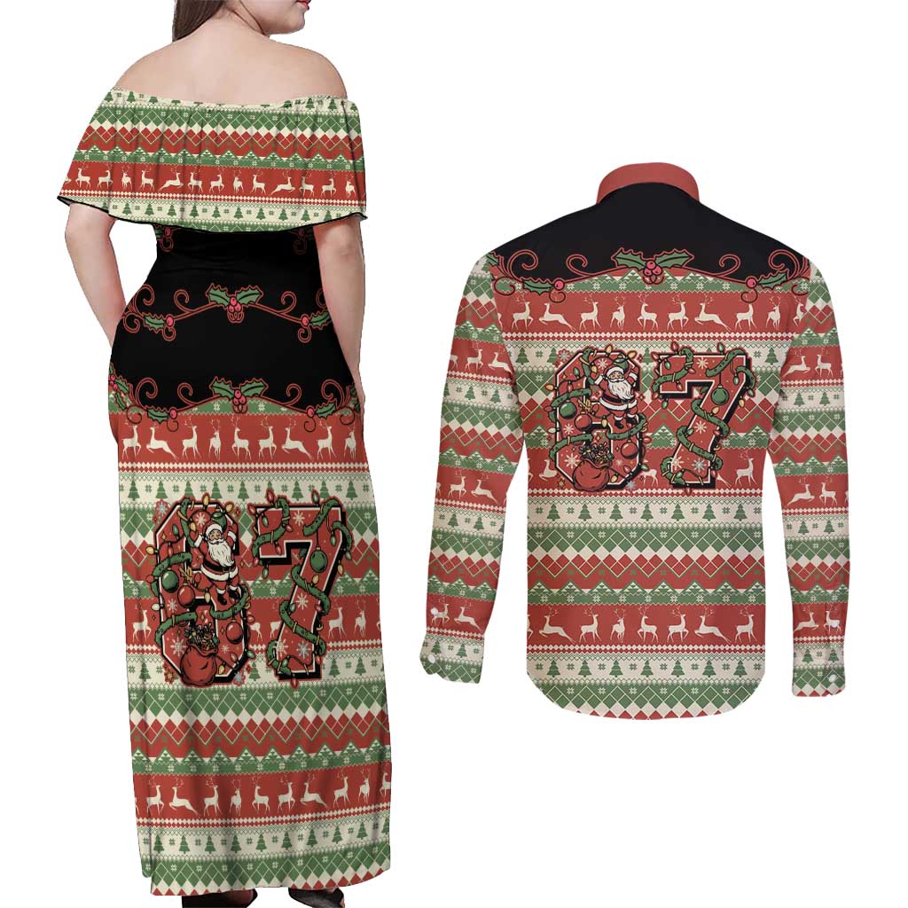 Western Yoke Couples Matching Off Shoulder Maxi Dress and Long Sleeve Button Shirt Funny Six Seven Christmas - Wonder Print Shop