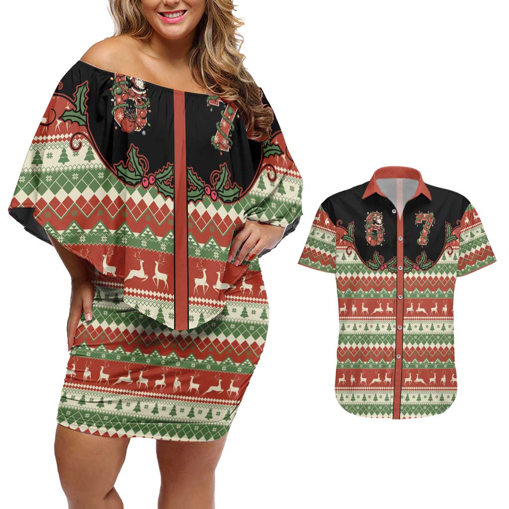 Western Yoke Couples Matching Off Shoulder Short Dress and Hawaiian Shirt Funny Six Seven Christmas - Wonder Print Shop