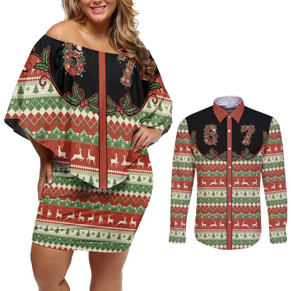 Western Yoke Couples Matching Off Shoulder Short Dress and Long Sleeve Button Shirt Funny Six Seven Christmas - Wonder Print Shop