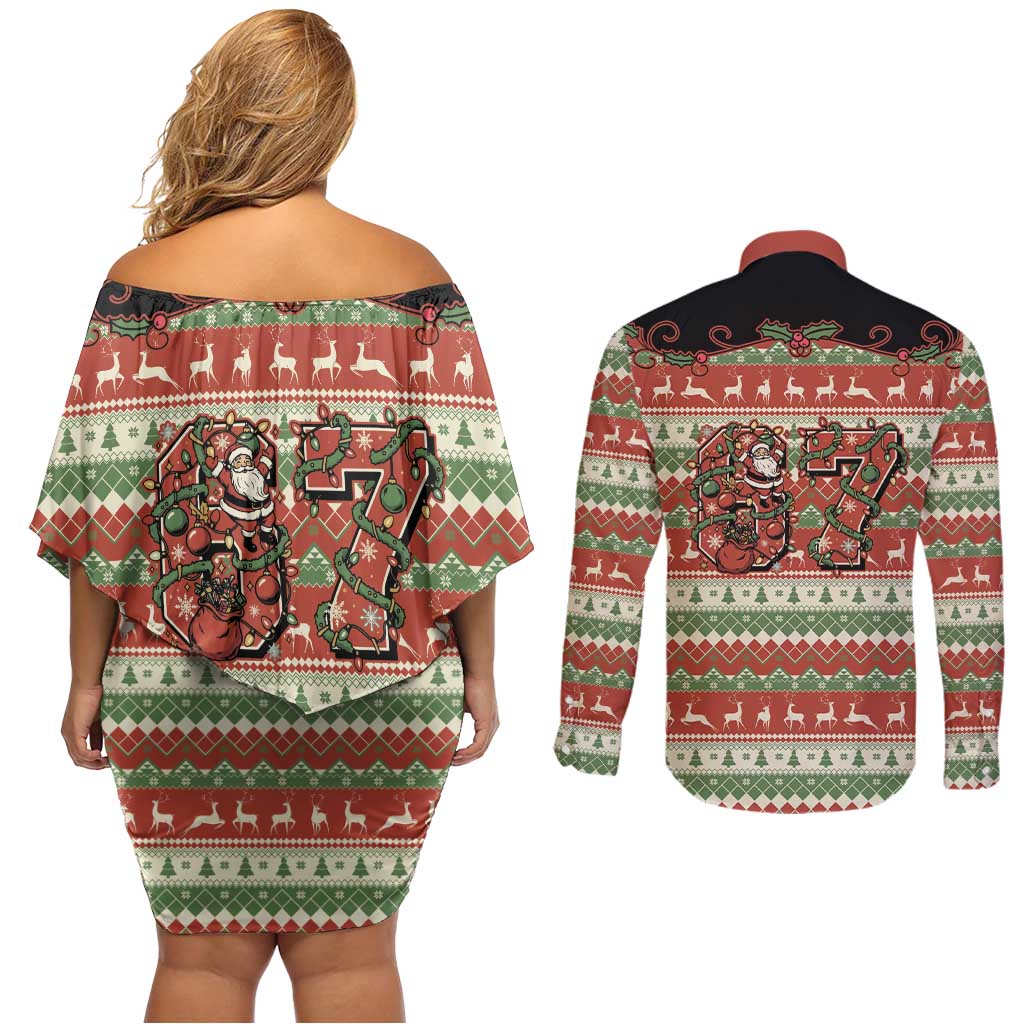 Western Yoke Couples Matching Off Shoulder Short Dress and Long Sleeve Button Shirt Funny Six Seven Christmas - Wonder Print Shop