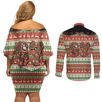 Western Yoke Couples Matching Off Shoulder Short Dress and Long Sleeve Button Shirt Funny Six Seven Christmas - Wonder Print Shop