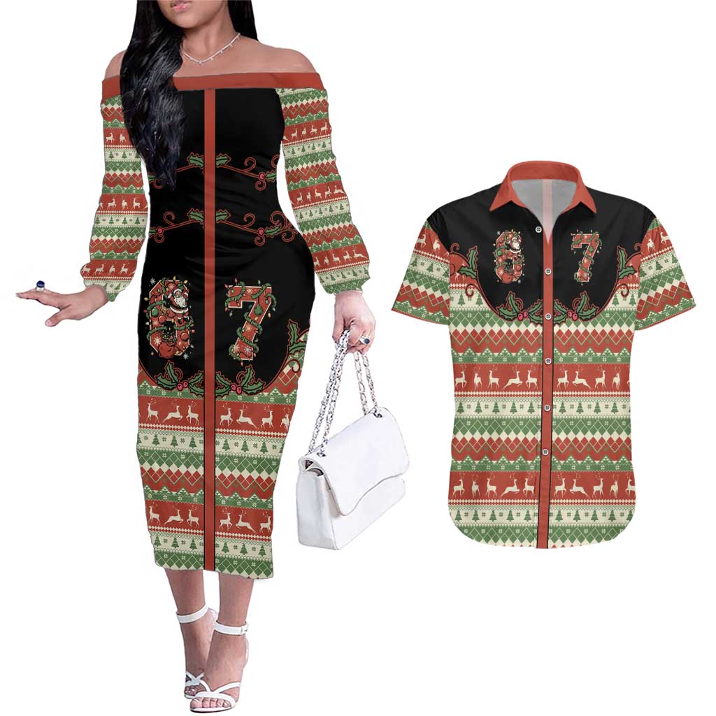 Western Yoke Couples Matching Off The Shoulder Long Sleeve Dress and Hawaiian Shirt Funny Six Seven Christmas - Wonder Print Shop