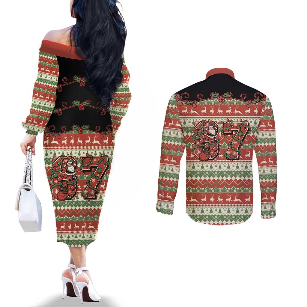 Western Yoke Couples Matching Off The Shoulder Long Sleeve Dress and Long Sleeve Button Shirt Funny Six Seven Christmas - Wonder Print Shop