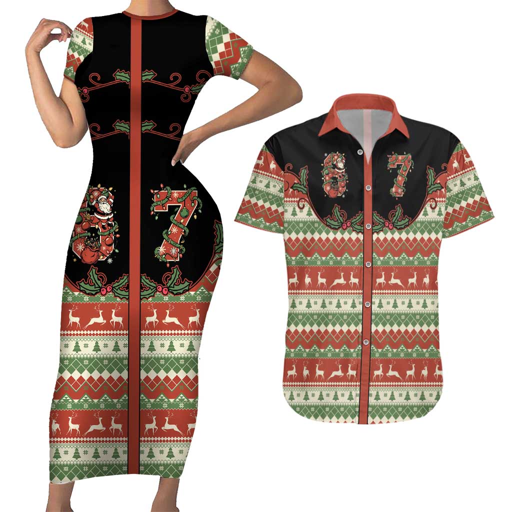 Western Yoke Couples Matching Short Sleeve Bodycon Dress and Hawaiian Shirt Funny Six Seven Christmas - Wonder Print Shop
