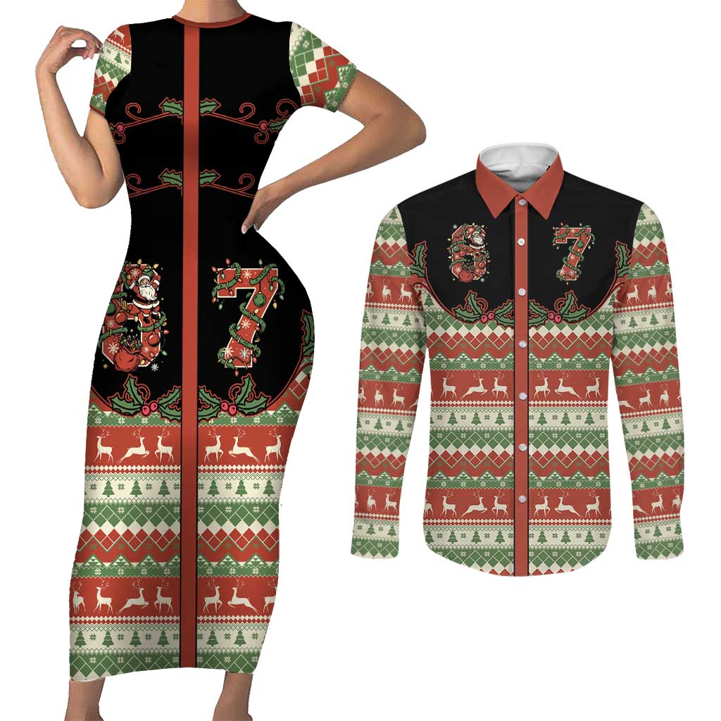Western Yoke Couples Matching Short Sleeve Bodycon Dress and Long Sleeve Button Shirt Funny Six Seven Christmas - Wonder Print Shop