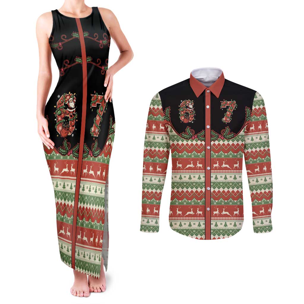 Western Yoke Couples Matching Tank Maxi Dress and Long Sleeve Button Shirt Funny Six Seven Christmas - Wonder Print Shop