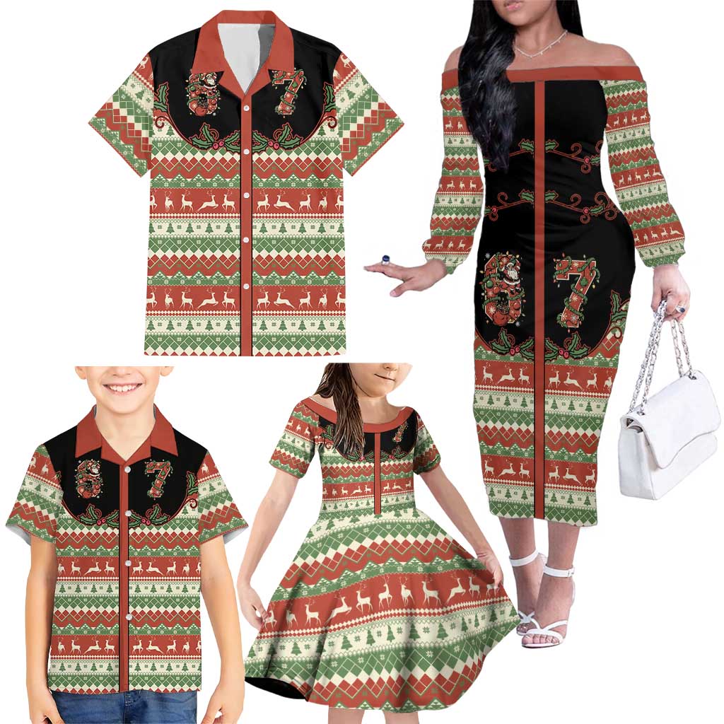 Western Yoke Family Matching Off The Shoulder Long Sleeve Dress and Hawaiian Shirt Funny Six Seven Christmas - Wonder Print Shop