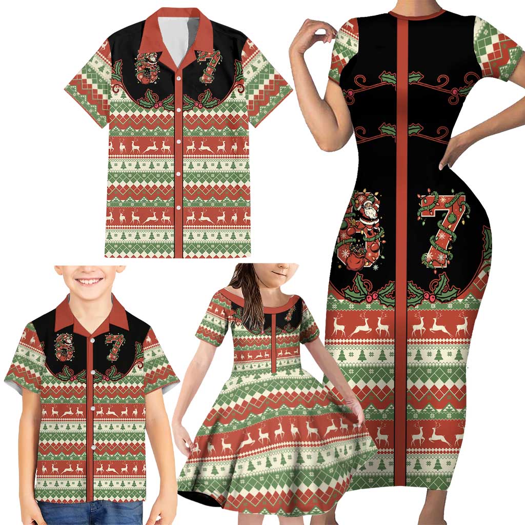 Western Yoke Family Matching Short Sleeve Bodycon Dress and Hawaiian Shirt Funny Six Seven Christmas - Wonder Print Shop