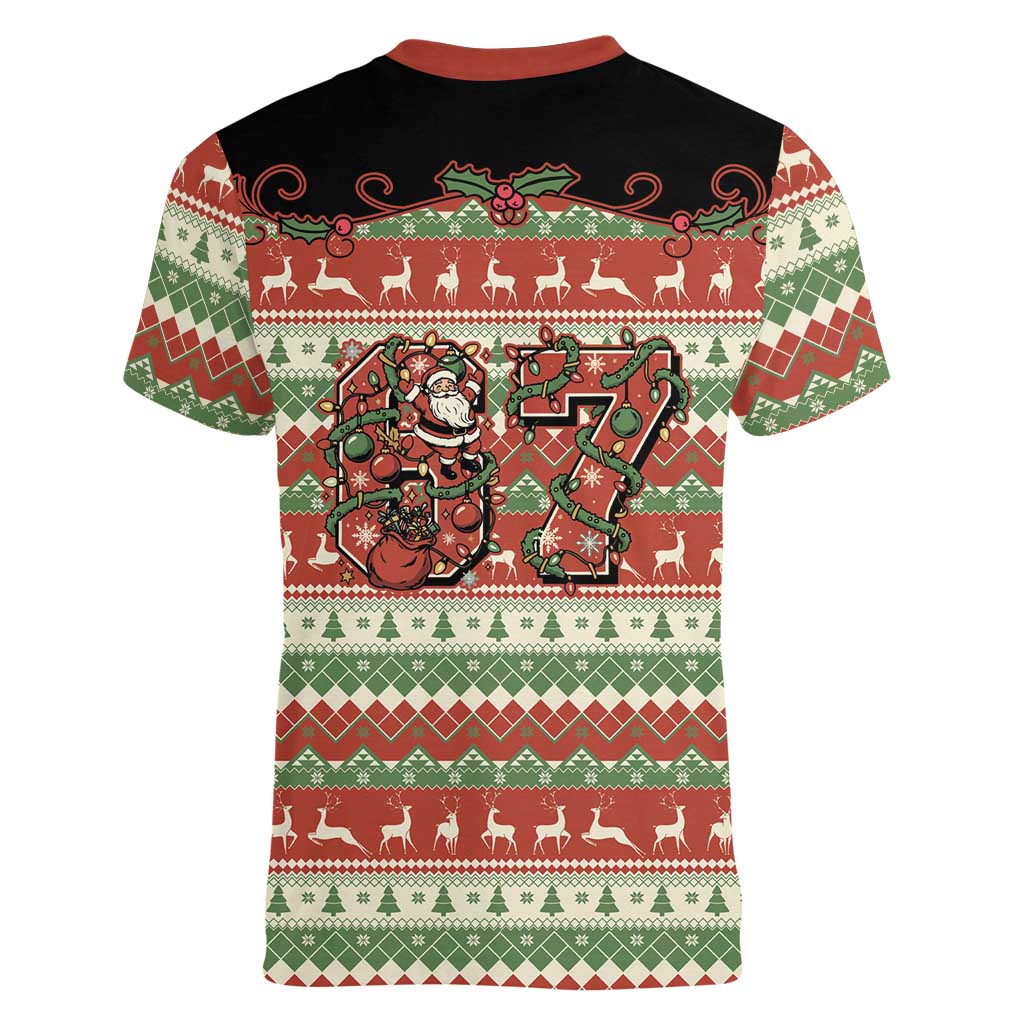 Western Yoke Women V-Neck T-Shirt Funny Six Seven Christmas - Wonder Print Shop