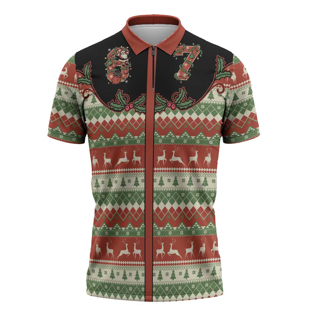 Western Yoke Zipper Polo Shirt Funny Six Seven Christmas - Wonder Print Shop