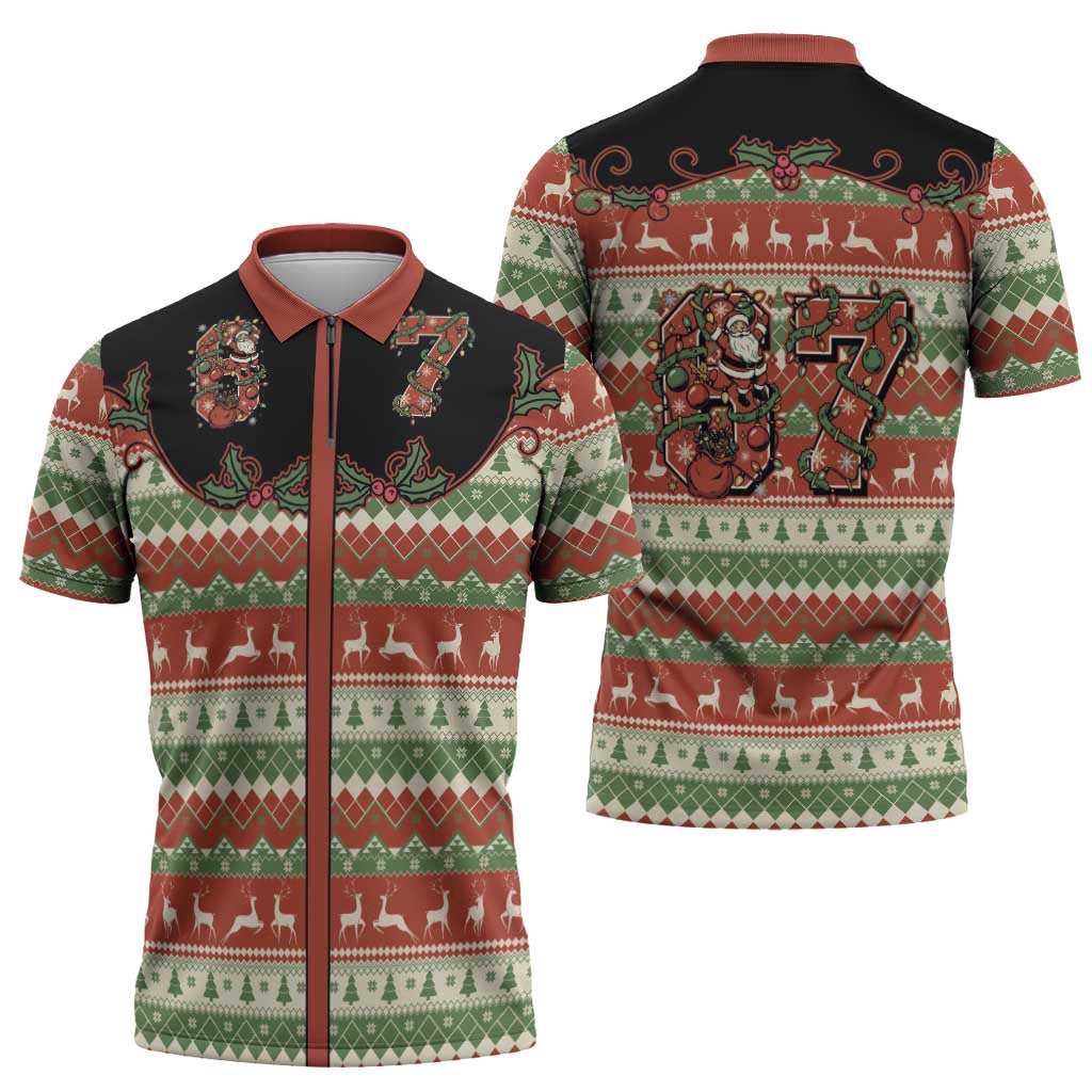 Western Yoke Zipper Polo Shirt Funny Six Seven Christmas - Wonder Print Shop