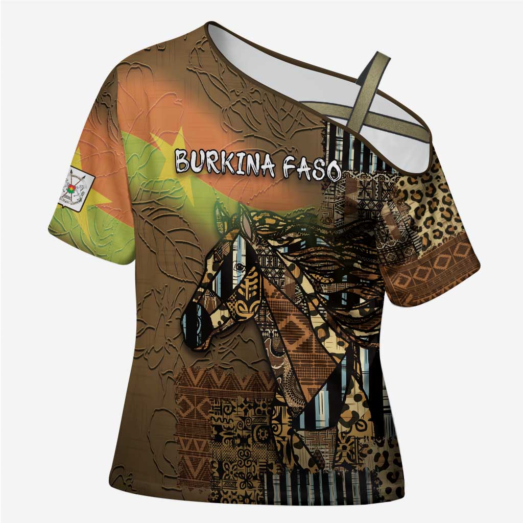 Personalized Burkina Faso Cross Shoulder Shirt African Tribal Horse Patchwork Style - Wonder Print Shop