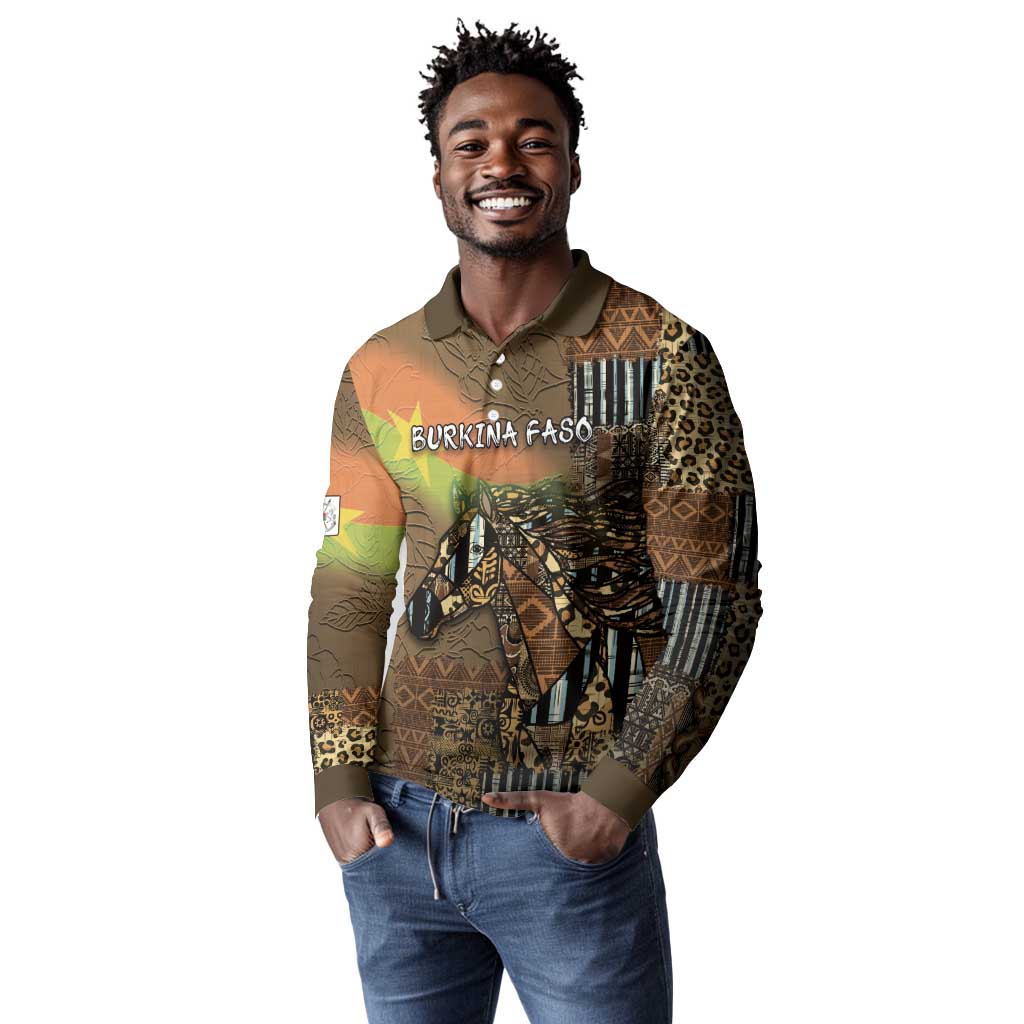 Personalized Burkina Faso Long Sleeve Polo Shirt African Tribal Horse Patchwork Style - Wonder Print Shop