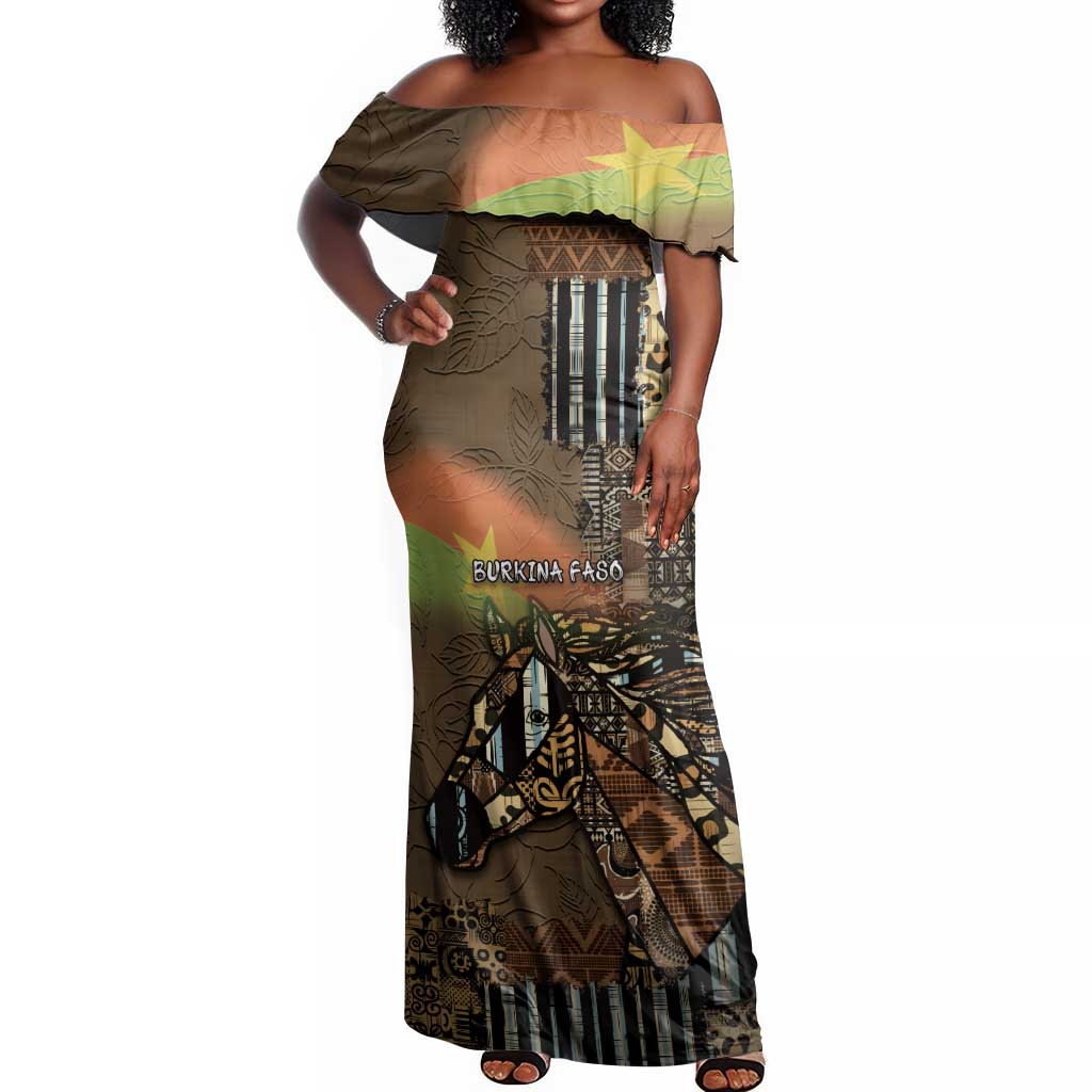 Personalized Burkina Faso Off Shoulder Maxi Dress African Tribal Horse Patchwork Style - Wonder Print Shop