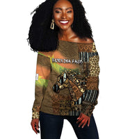 Personalized Burkina Faso Off Shoulder Sweater African Tribal Horse Patchwork Style - Wonder Print Shop