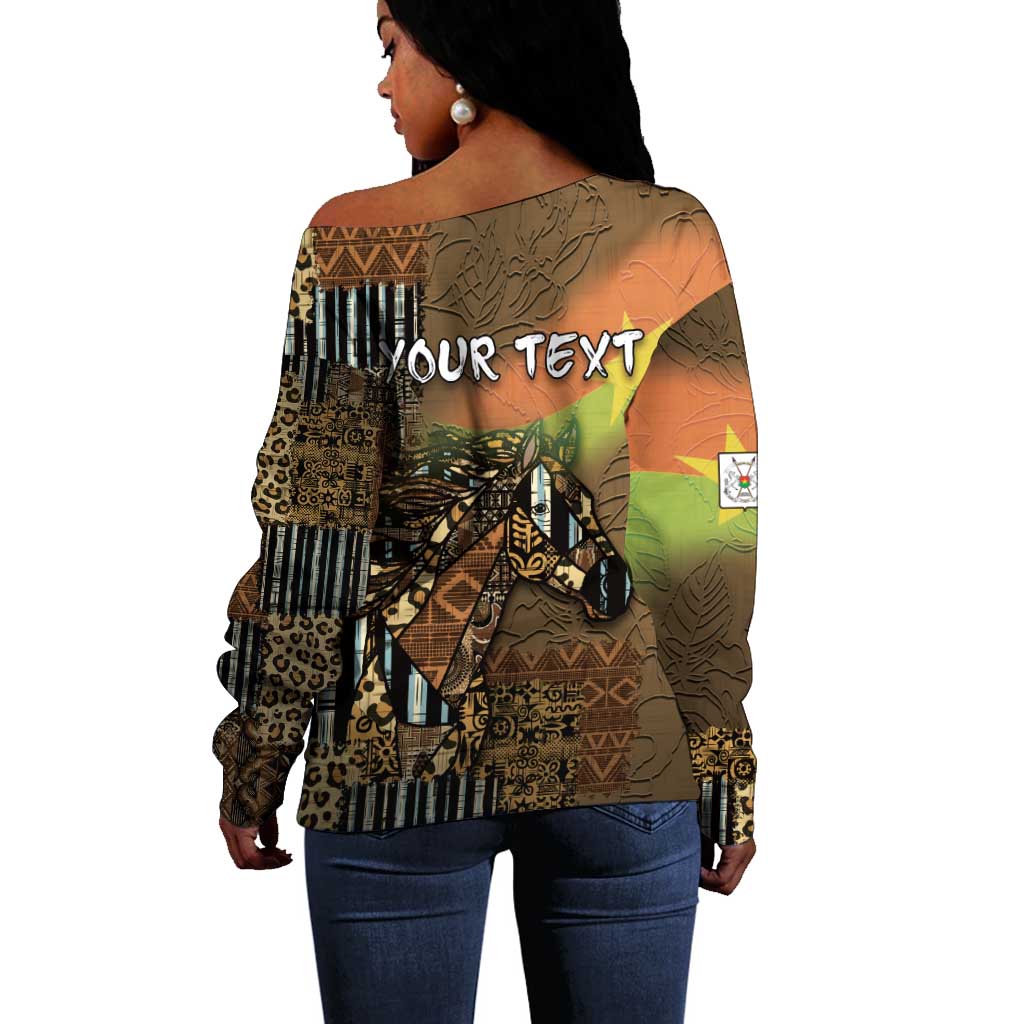 Personalized Burkina Faso Off Shoulder Sweater African Tribal Horse Patchwork Style - Wonder Print Shop