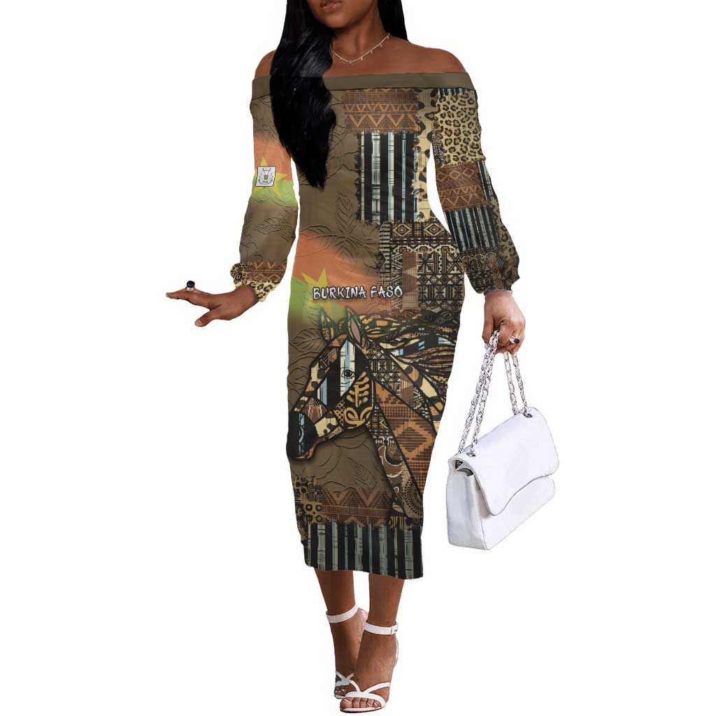 Personalized Burkina Faso Off The Shoulder Long Sleeve Dress African Tribal Horse Patchwork Style - Wonder Print Shop