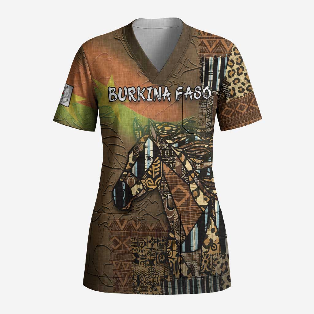 Personalized Burkina Faso Scrub Top African Tribal Horse Patchwork Style - Wonder Print Shop