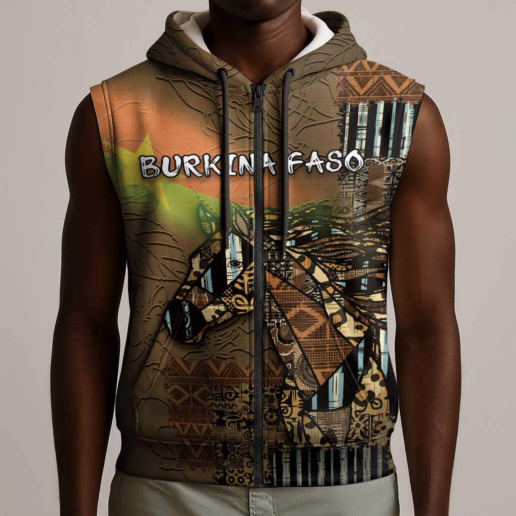 Personalized Burkina Faso Sleeveless Zip Hoodie African Tribal Horse Patchwork Style - Wonder Print Shop