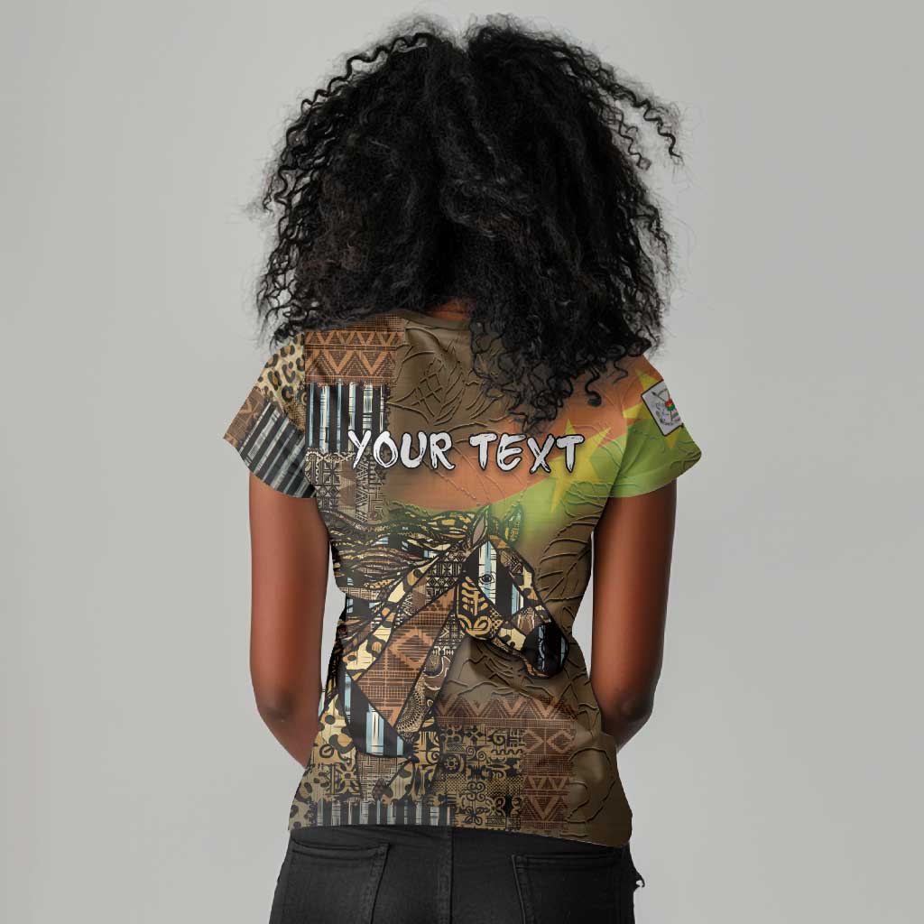 Personalized Burkina Faso Women V-Neck T-Shirt African Tribal Horse Patchwork Style - Wonder Print Shop
