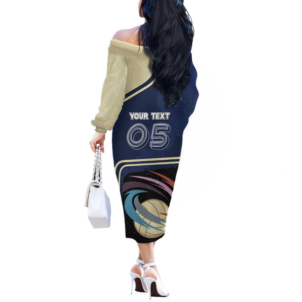 Custom Volleyball Off The Shoulder Long Sleeve Dress Astronaut Cosmic Spiker