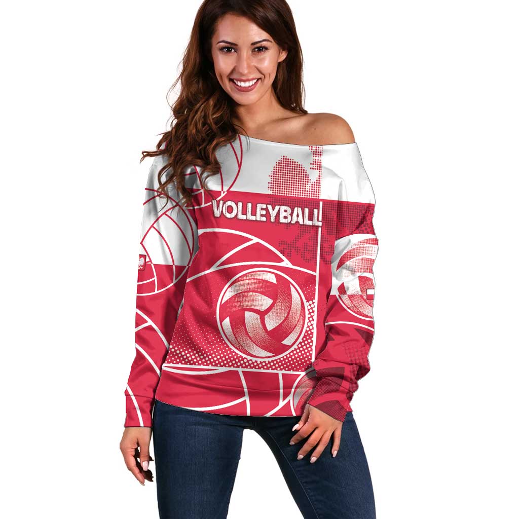 Custom Poland Volleyball Off Shoulder Sweater Halftone Dot Style