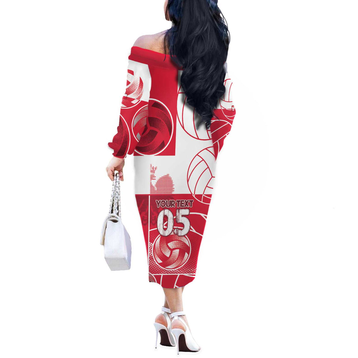 Custom Poland Volleyball Off The Shoulder Long Sleeve Dress Halftone Dot Style