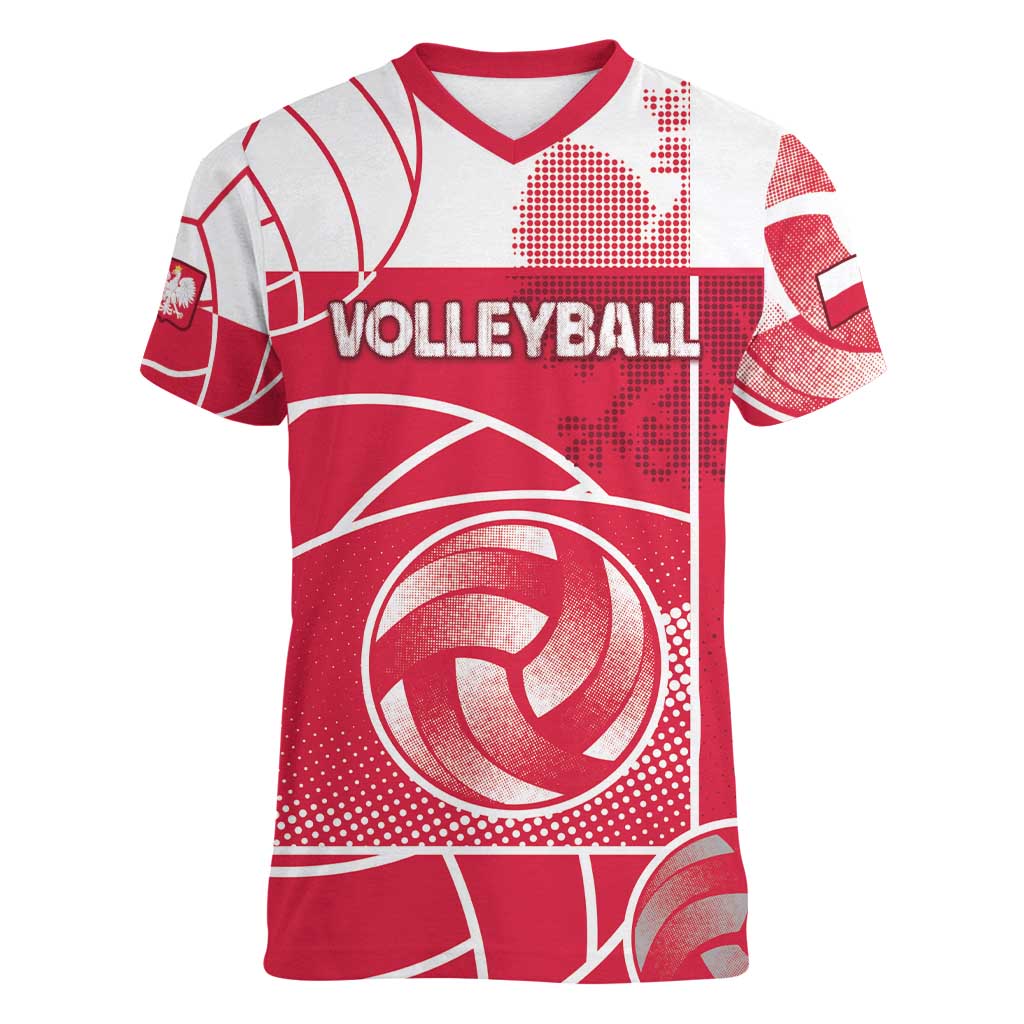 Custom Poland Volleyball Women V-Neck T-Shirt Halftone Dot Style